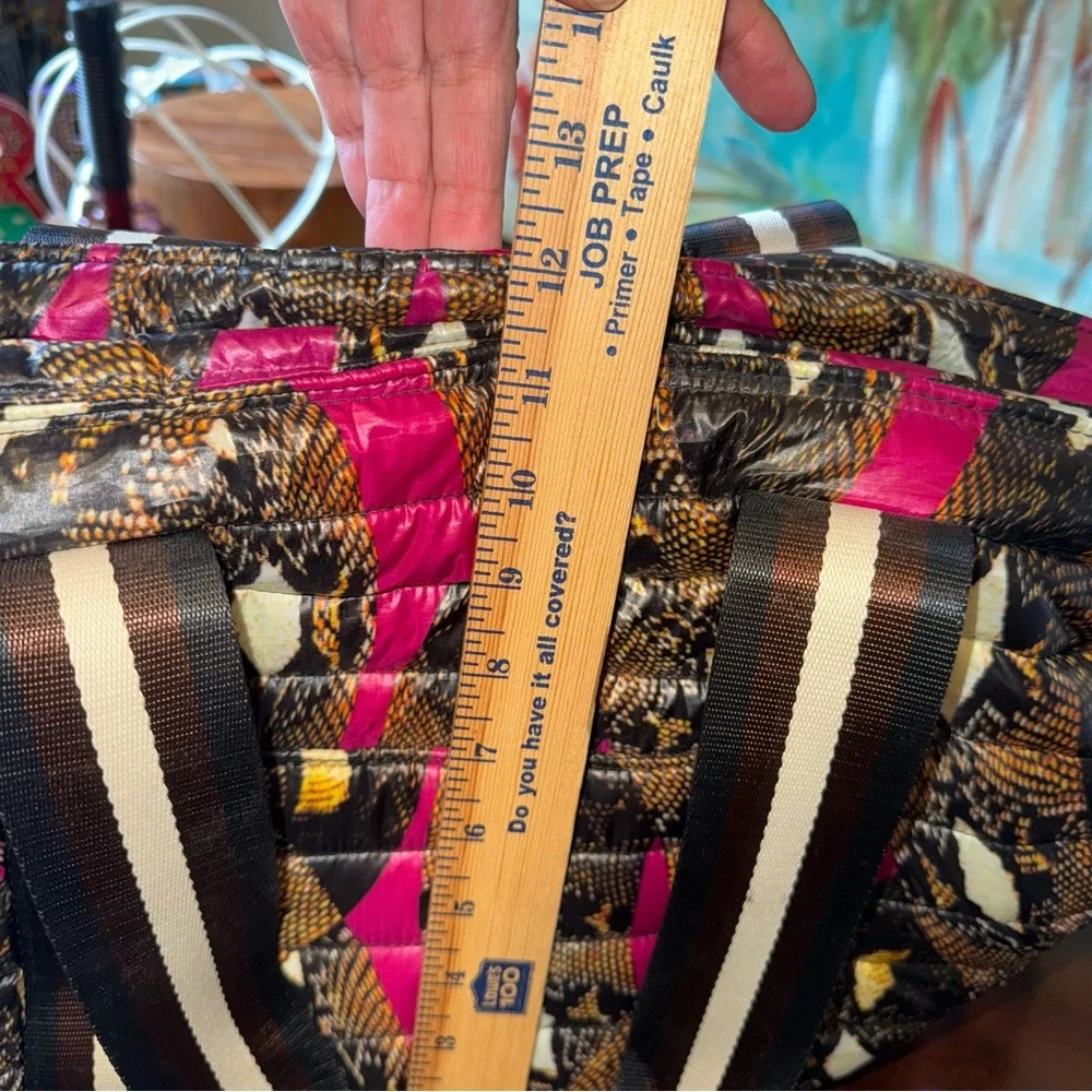 Think Royln Quilted Puffer Tote Bag Pink Black Brown Snake Print New (No Tags) - Picture 8 of 9
